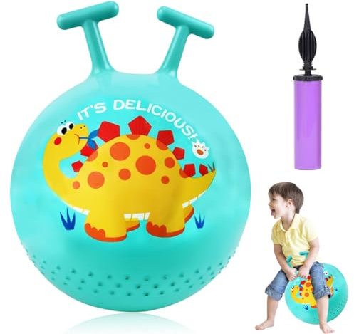 EVEJEG Balle de saut pour enfants - Ballon sauteur dinosaure avec poignée en forme de T - Charge maximale : 80 kg - Jouet d'extérieur à partir de 2 ans - Avec pompe - Vert