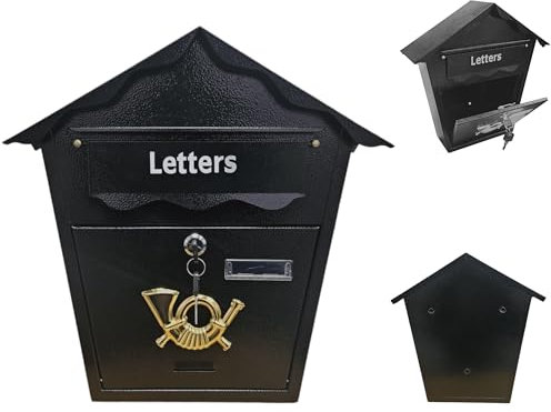 Top Home Solutions® Wall Mounted Post Box – Lockable with 2 Keys, Nameplate, Durable Powder Coated Metal, Large Outside Letter Box – 36H x 36W x 10D cm (Black, Horn Design)
