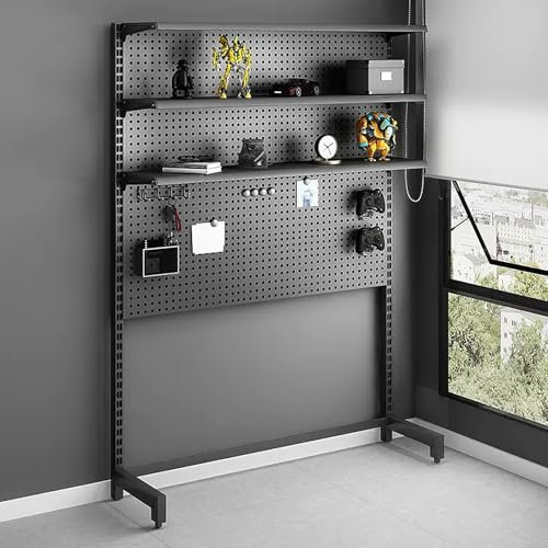 WRYSQBHJYB Pegboard Standing Shelf, Storage Shelves, Floor Display Shelf Organizer, Metal Garage Shelving, Standing Desk Accessories for Home Office(49.6x15.3x76.7in)