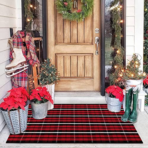 OJIA Weihnachtliche Fußmatte für den Außenbereich, 69,8 x 109,2 cm, rot, kariert, maschinenwaschbar, Eingangsteppich, für den Innenbereich, mehrlagige Fußmatten, Baumwollteppich für