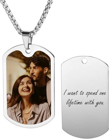 MeMeDIY Collana con Ciondolo Fotografico Personalizzato Incisione Nome/Data/Testo per Uomo Donna Collana Commemorativa Gioielli in Acciaio Inossidabile Regalo per Fidanzato -D1
