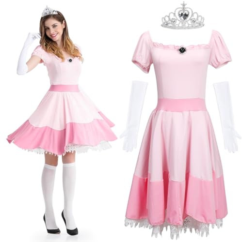 Meleager Robe Princesse Adulte, Rose Déguisement Princesse Femme, Accessoires Costume Princesse, Couronne, Gants, Chaussettes, Cosplay Costume, Tailles XL, pour Halloween, Carnaval, Soirées à Thème