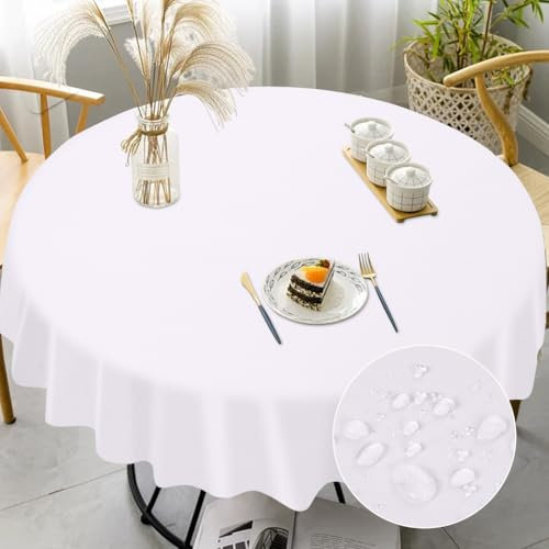 AUAUY Tischdecke Rund 120cm, Fleckschutz Abwaschbar Wasserabweisend Tischdecke Weihnachten Tischtuch, Polyester Tischtuch für Esszimmer, Garten, Party, Hochzeiten oder Haushal-Weiß