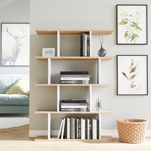 Hanah Home Stylish Oak & White Bookshelf, 90 cm x 25 cm x 127.4 cm | 100% Melamine Coated Particle Board, 18 mm Thick | Wall-Mountable, Multiple Shelves for Modern Spaces