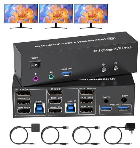 4K KVM Switch 3 Monitors 2 Computers Triple Monitor Displayport and 2 HDMI USB 3.0 KVM Switches 4K@60Hz,Support Extended/Mirror Mode Share 3 USB 3.0 Ports with Desktop Controller, Adapter Included