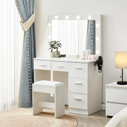 CLIPOP Große Schminktisch mit LED-Beleuchtung,Einstellbare Helligkeit,Kosmetiktisch mit Steckdosen,Haartrocknerhaken,5 Schubladen,Make up Schreibtisch mit Hocker,Spiegel,modern,weiß