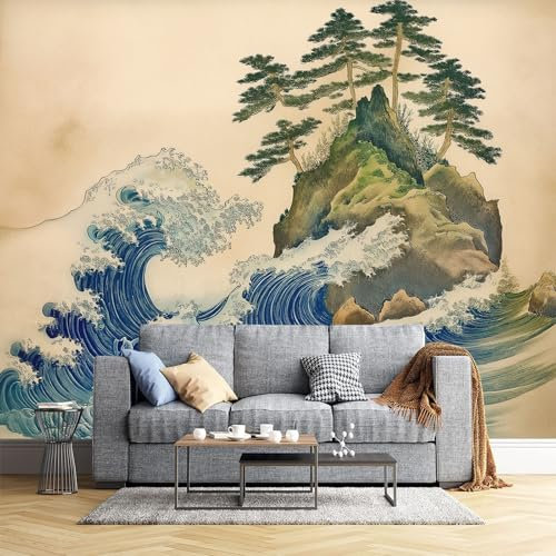 JEDTAKCT Papier Peint Vagues Pins 400X280Cm Photo Mural Paysage Japonais Bureau Chambre Salon Enfants Wallpaper Mural Décor Motif Poster Personnalisé Décoration Murale