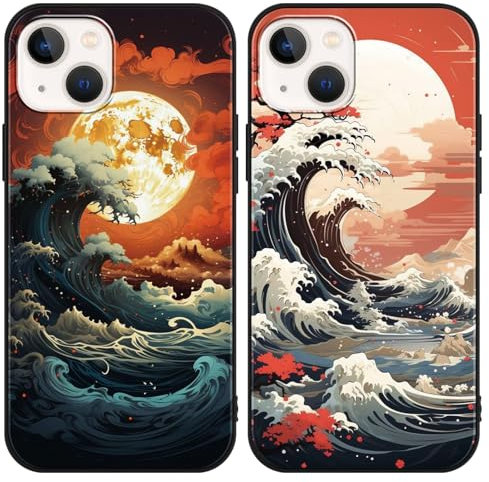 Yimctoie 2 Stück Handyhülle für iPhone 16e Hülle 6,1,Japanische Art Anime Aesthetic Wellen mit Muster Case,Ästhetik Schutzhülle Schwarz Weich Silikon TPU Stoßfeste Kratzfest Cover