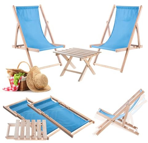 KADAX Klapptisch mit 2 Liegestühlen, Kleiner Gartentisch aus Holz, Beistelltisch für Balkon und Garten, Kaffeetisch klein, Balkontisch klappbar (Blau)