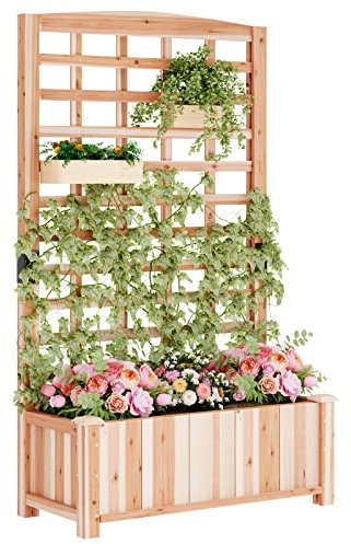 SDHYL Hochbeete-Kit Holz Hochbeet mit Rankgitter - 2-in-1 Pflanzenkasten aus Holz mit Abflusslöchern für Kletterpflanzen, erhöhtes Blumenbeet für Gemüse, Kräuter & Rosen, 90x40x151 cm