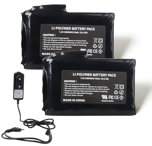 MXJFYY 2 baterías Recargables de polímero de Litio de 7,4 V, 4000 mAh, 29,6 WH con Cargador para Guantes, Calcetines, Gorros, pasamontañas, Plantillas, Ropa Interior térmica y Mitones.