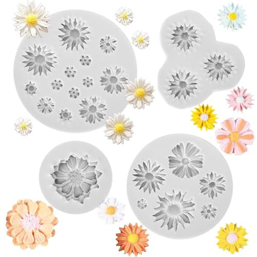Set de 4 Moule en Silicone en Forme de Fleurs, Moule en Silicone 3D, Moule en Daisy pour Gâteau, Fondant, Chocolat, Dessert, Décoration de Pâtisserie