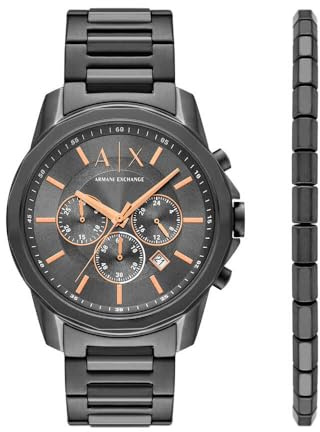 Armani Exchange Silver Tone Watch for Men, Quarz-Chronographenwerk und 44mm Gehäusegröße mit Edelstahlarmband