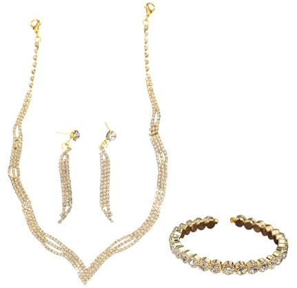 XFSRG Schmucksets für Damen Kristall Halskette Armband Ohrringe Set Elegantes Schmuckset Silber für Hochzeit Party Abendmode