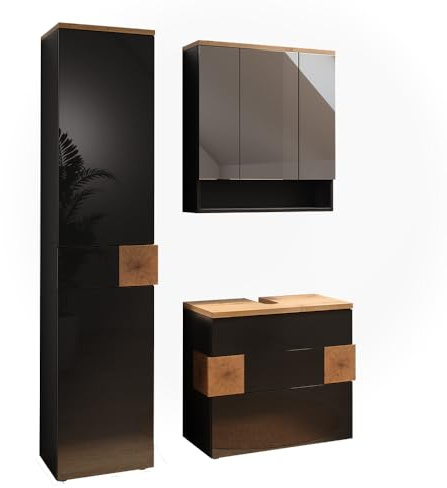 Vicco Badmöbel-Set Eden, Anthrazit 70 cm | 3-teilig · Waschtischunterschrank · Spiegelschrank · Hochschrank