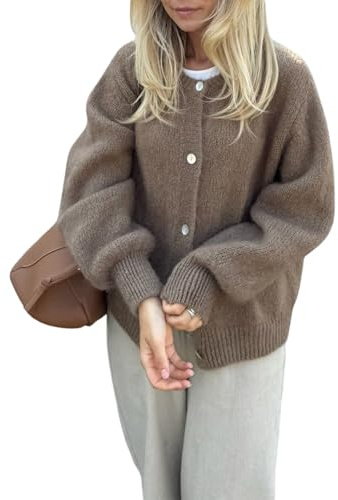 YILEEGOO Womens Chunky Knit Cardigan Lantern Sleeve Button Down Crew Neck Sweaters Jumper Tops Fall Winter Loose Fuzzy Jacket Coats Outerwear (Khaki, M)