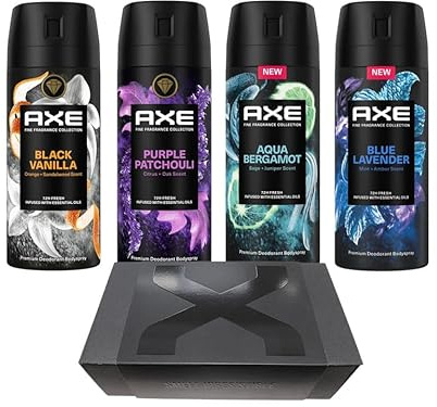 AXE Premium Bodyspray 4er Geschenk Set Aqua Bergamot/Black Vanilla/Blue Lavender/Purple Patchouli Deo ohne Aluminiumsalze mit 72 Stunden Schutz gegen Körpergeruch