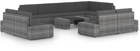 Mandloder Ensemble de 10 pièces Salon de jardin en rotin PE gris avec coussins, table basse en verre trempé, extensible