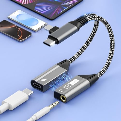 Magnético Adaptador Lightning + USB C a Jack 3,5 mm y Carga Rapida PD 60W 2 en 1 Adaptador Hi-Res DAC Chip Tipo C Auriculares Audio Adapter Micrófono Aux Divisor Compatible con iPhone iPad Galaxy S25