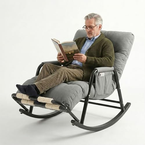 GTYMTTX Schaukelstuhl Grau, 5-Fach verstellbare Rückenlehne & Fußstütze, Massage-Fußstütze, kratzfester Bezug, Stahlrahmen, max. 150kg, Stillsessel für Wohnzimmer & Babyzimmer, 60x111x50CM