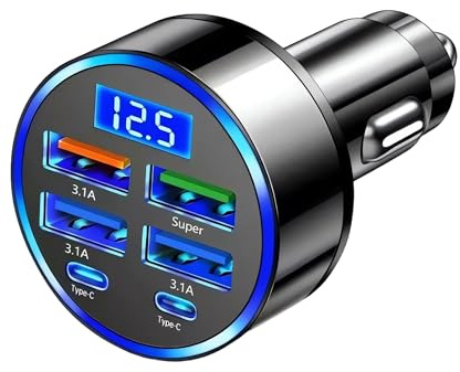 USB C Car Charger Adapter,6-In-1 Super Fast Car Charger,30 Minute Car Charger with LED Voltmeter Compatible with IPad,IPhone& Android Etc