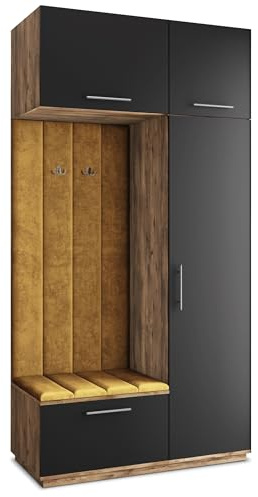 Masseno Flugarderoben Set Rema, Kleiderschrank-Set mit Sitzbank, Garderobenschrank Flur mit 5 Regalböden, Eiche Lefkas/Schwarz