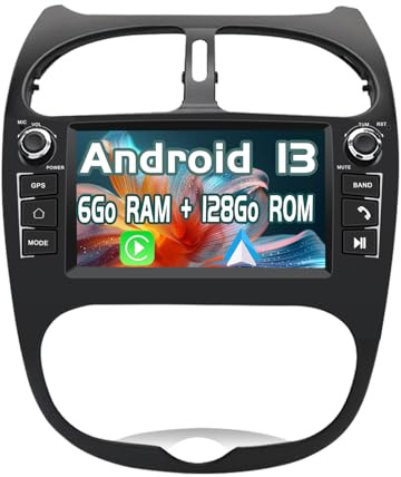 AWESAFE Autoradio 6Go+128Go pour Peugeot 206 206cc (2002-2010) avec 4G LTE,Android 13 CarPlay sans Fil/Android Auto, 7 Pouces écran Tactile avec Wi-FI/GPS/FM/RDS/DSP, Commandes au Volant