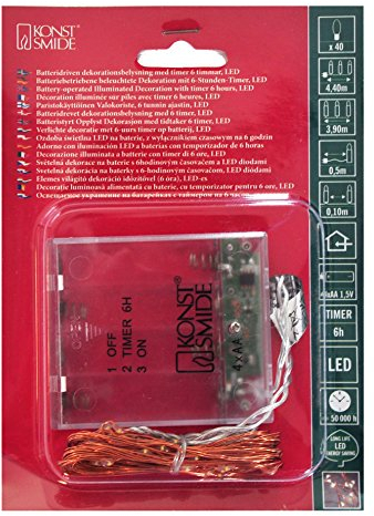 Konstsmide Luces LED de Alambre Desnudo/Alambre de Pin, Luces de Hadas de batería, Uso en Interiores (IP20), 40 diodos Blancos ámbar, función de Temporizador de 6 Horas, 3 Pilas AA (excluido), Cadena