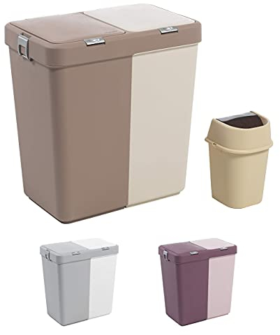 Mabel Home Kunststoff Wäschekorb mit Deckel, 2 Abschnitte, Großer Wäschekorb Extra-Papierkorb (1,6 Gallonen) inc. (Braun-grau)