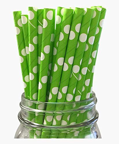 Paper Straws 30 pcs Pack Green with White Polka Dots Biodegradable Drinking, Birthday, Party, Christmas, Xmas, Cafe, Restaurant, Wedding Straw in Bulk