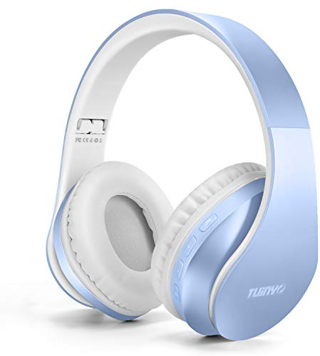 TUINYO Bluetooth Headphones, Wireless Headphones Over Ear with Microphone, Foldable & Lightweight Stereo Wireless Headset for Travel Work TV PC Cellphone-Light Blue