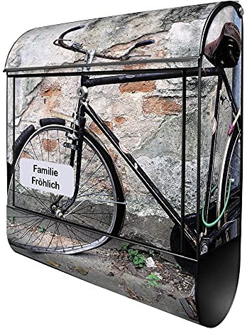 banjado® Design Briefkasten personalisiert Nostalgie Rad 38,5x46,5x13cm & 2 Schlüssel - Briefkasten Stahl schwarz Zeitungsfach pulverbeschichtet - Postkasten A4 Einwurf inkl. Montagematerial