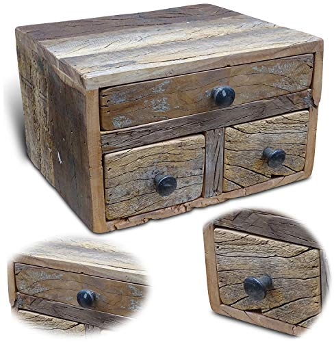 LS-LebenStil Vintage Aufbwahrungsbox Unika - Fundholz Recycelt - Factory Braun - 30x24x19cm - 3 Schubladen - Mini Kommode - Ablagefläche Ordnungsbox Organizer Holzbox Schubladenregal Schubladenbox