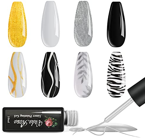 4x Gel Nail Liner Polish Pen UV LED Malerei Gelpoliermittel Set für 3D Nail Art DIY Nageldesign Pull Line Pen Nagelzeichnung, Nagellack für Maniküre Salon, Klassisch Schwarz & Weiß & Gold & Silber