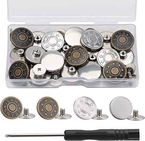 AIEX 20 Stück 17 mm Ersatz für Jeansknöpfe ohne Nähte, abnehmbar, Metallknöpfe für Kleidung aus Denim Jeans Hosentaschen (Bronze, Silber, 4 Modelle)