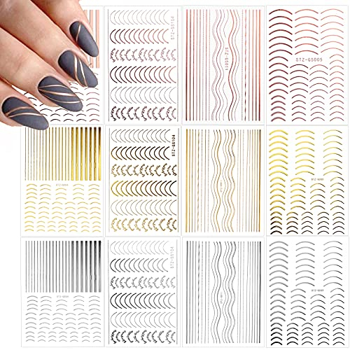 EBANKU 12 Blatt Nagelsticker, Metallic Nagelaufkleber Selbstklebend, 3D Gold Silber Rosegold Nail Aufkleber DIY Nagelkunst Linie Nagelaufkleber Metallic Nagelaufkleber Maniküre Dekoration