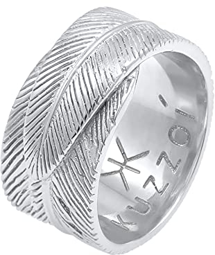 Kuzzoi Massiver Herrenring (12 mm) im Feder Design, Breiter Bandring für Männer aus 925 Sterling Silber, Männer Ring im Vintage Look, Ringgröße 62, 0608970221_62