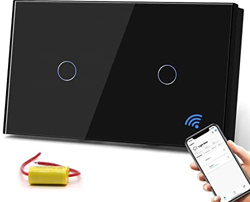 BSEED Smart Lichtschalter Kompatibel mit Alexa,Google Home, Glas Touchscreen-schalter,Smart 1 Fach 1 Weg +1 Fach 1 Weg Lichtschalter Schwarz (kein Neutralleiter benötigt)