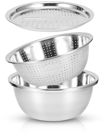 Bacinella per scolapasta Multifunzione 3 in 1. Ciotola per Lavare Il Riso in Acciaio Inossidabile,Set per grattugia da Cucina Colino per grattugia per Insalata di Riso, Bacinella per scolapasta