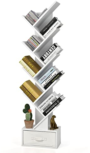 GOPLUS Bücherregal in Baumform, 10-stöckiges Standregal mit Schublade, Lagerregal Raumteiler Regal CD und DVD Regal für Wohnzimmer, Büro, Schlafzimmer, 38 x 20 x 149,5 cm (Weiß)