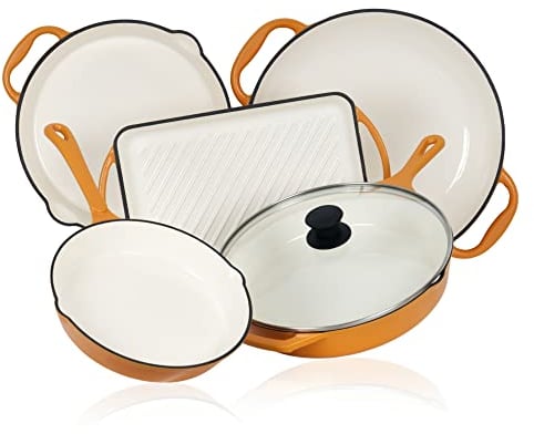 Mahlzeit Set di 5 padelle | con padelle in ghisa smaltata, piastra per barbecue e paella | padella in ghisa | padella in ghisa | padella universale (Sunny Orange)