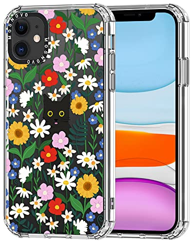 MOSNOVO Case for iPhone 11, [Buffertech 6.6ft Military-Grade Drop Protection] [Anti Peel Off Tech] Clear TPU Bumper Phone Case Cover Design - Black Cat in Garden