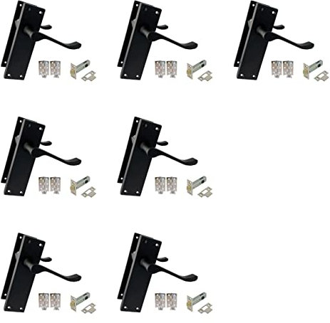 Haven Heritage Door Handles Internal Victorian Scroll Lever Latch in Matt Black inc Latch & Hinges - Long Back Plate Size 150mm x 40mm Sold in Pairs (3)