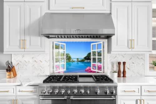 Myphotostation Sea View Tempered Glass Backsplash 70WX43H'' Window View Splashback for Kitchen Decor Bathroom Wall Protector Oven Backsplash Panel Tile Glass Cooker Splashback