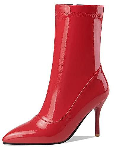 MJIASIAWA Donna Sposa Vernice Stivaletti Tacco A Spillo Serata Eleganti Appuntito Moda A Collo Alto Sposa Boots Rosso Numero 35 Eu