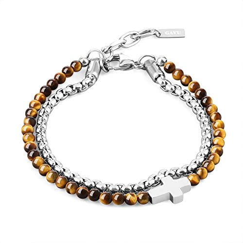 GAVU Herren Zweilagiges Armband Perlen Armband aus Tigerauge und Edelstahl mit Kreuz Charm