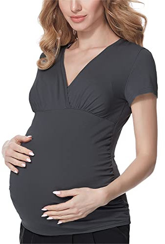 Bellivalini Damen Umstandsshirt mit Stillfunktion Kurzarm V-Ausschnitt BLV50-123 (Dunkelgrau, M)