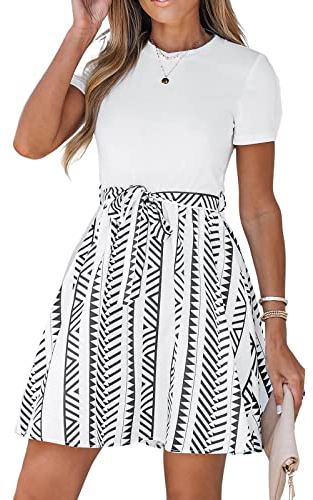 CUPSHE Damen Sommerkleid Rundhals Kurzarm Taillenschnürung Geometrische Muster T Shirt Kleid Freizeitkleider Tunika Mini Dress Weiß M