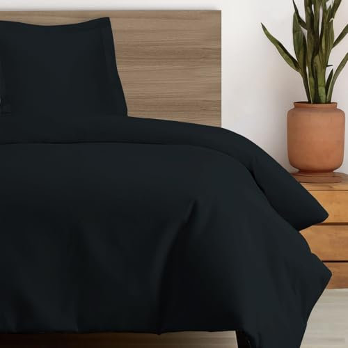 Pizuna Coton peigné Ensemble de Housse de Couette 140x200 cm 1 Personne Noire, 100% Coton Longue Tige 400 Fils Armure Satin, Housse de Couette de Luxe avec Fermeture à Boutons Noire