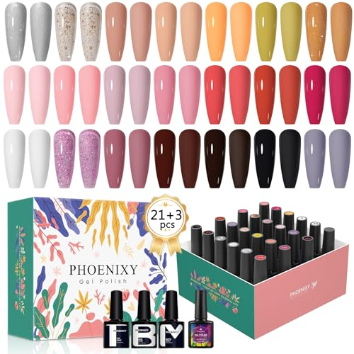 Phoenixy 24 Stück Herbst Winter UV Nagellack Set, Weiß Orange Rosa Rot Braun Glitter UV Nagellack mit Base Top Coat, Weihnachten Nagelkunst Maniküre Geschenke für Frauen
